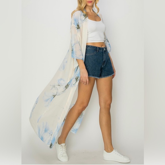 Blue  Floral Multicolor Chiffon Sheer Kimono Cardigan - Picture 2 of 6